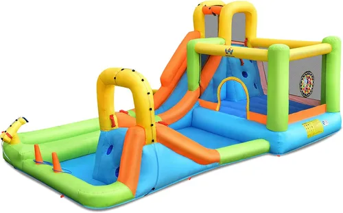Miniatura 9 de HONEY JOY Tobogán acuático inflable, casa de rebote de agua gigante 8 en 1 y parque acuático con toboganes, escalada, piscina de chapoteo, toboganes