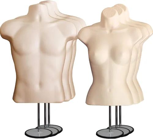 Miniatura 18 de Torso de maniquí masculino y femenino con soporte de metal, cuerpo hueco en la espalda, forma de vestido apilable para exhibición de camisetas, Gris