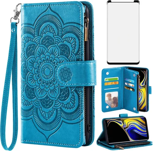 Asuwish Compatible con Samsung Galaxy Note 9 - Funda tipo cartera y protector de pantalla de vidrio templado, funda de cuero con diseño de flores