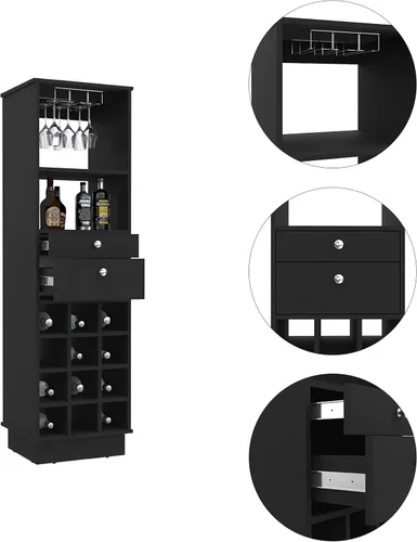 Miniatura 4 de FM FURNITURE Hype - Armario de bar con 12 cubos de vino, 2 cajones, estante de vidrio y estante, color negro