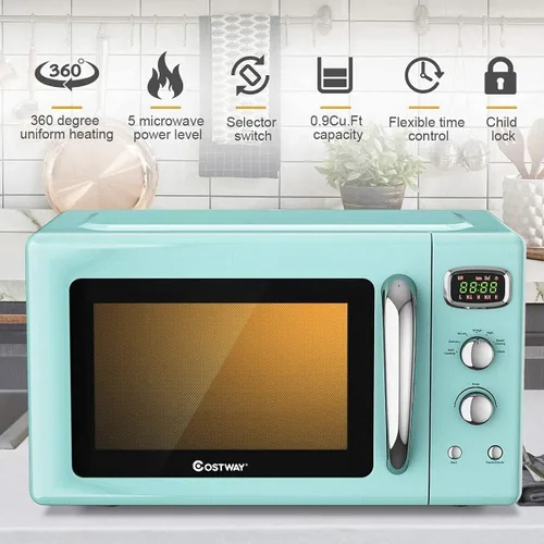 Miniatura 5 de GOFLAME Horno microondas grande de 0.9 pies cúbicos, microondas retro de 900 vatios con bloqueo de seguridad para niños, función de descongelación