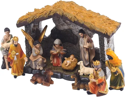 Miniatura 3 de MACLARONX Conjunto de Belén de 12 Piezas Escena de Nacimiento Navideño Figura con Establo para Interiores Decoración de Mesa Hogar Escena