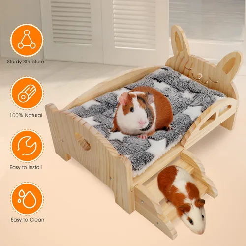 Miniatura 6 de BWOGUE Cama de Madera para Conejo de Indias con Escaleras y Alfombrilla, Cama de Felpa Lavable para Animales Pequeños, Plataforma de Cama