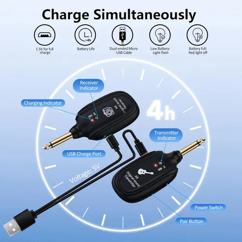 Miniatura 5 de Sistema de guitarra inalámbrico A8 UHF, 2 modos, batería recargable de litio, rango de 100 pies, Plug & Play para guitarra, bajo, violín, teclado