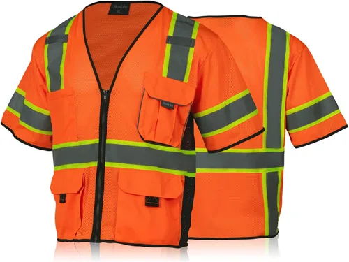 Miniatura 8 de Chaleco de alta visibilidad con bolsillos y cremallera para hombres y mujeres, chaleco de construcción con tiras reflectantes, Hi Vis Clase 3 Naranja