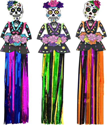 4E's Novelty Decoraciones colgantes del Día de los Muertos, 36 pulgadas, paquete de 3 pancartas decorativas del día de los muertos (3 pies de alto)