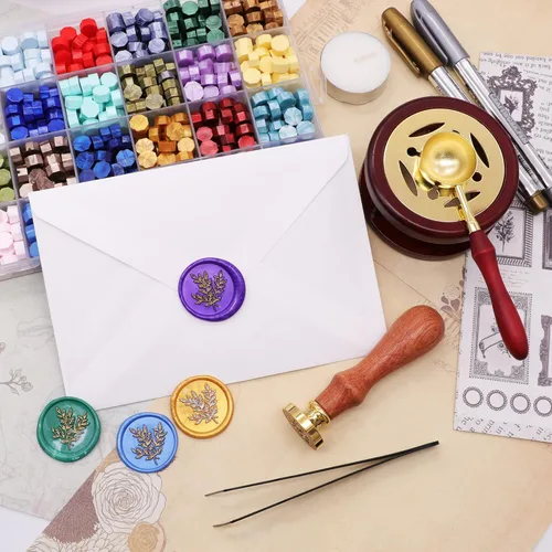 Miniatura 4 de SWANGSA Kit de sellado de cera con caja de regalo, 24 colores, 700 cuentas de cera de sellado con sello de eucalipto, horno, bolígrafo, tarjetas