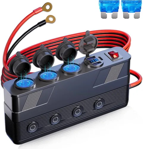 Divisor de enchufe de encendedor de cigarrillos de 12V: toma de corriente de 180W 15A de 3 enchufes con 4 puertos USB PD66W QC18W - Divisor de