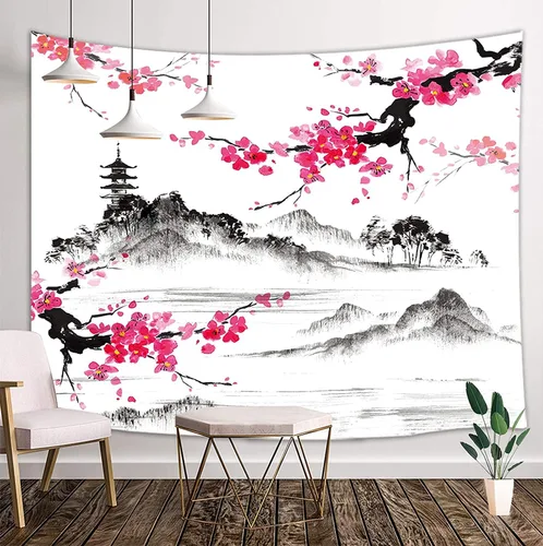 Miniatura 18 de Tapiz de cascada de bosque, flores de paisaje natural, tapices para colgar en la pared para hombres y niños, decoración de arte de pared, decoración
