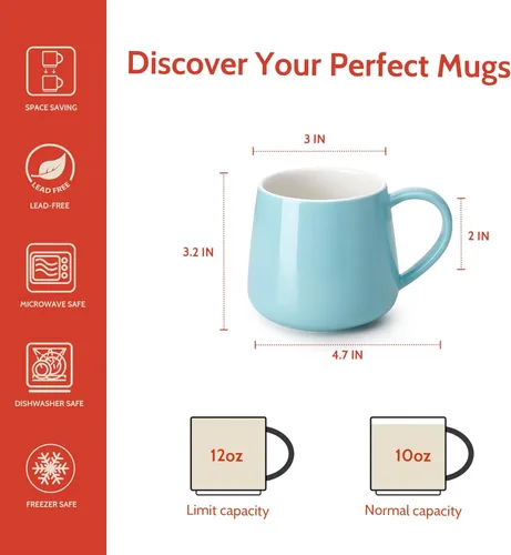 Miniatura 2 de Sweese Juego de 6 tazas de café de porcelana, tazas de café de 12 onzas con asa para café, té, cacao, tazas de café azules de colores surtidos