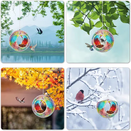 Miniatura 8 de VCUTEKA Comedero para Pájaros de Mosaico Fly Through para Exterior Colgante con Recipiente de Vidrio de Forma Redonda para Atraer Más Aves Rojo