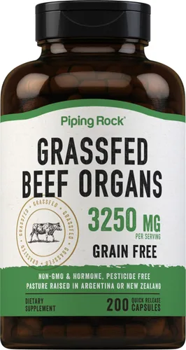 Piping Rock Suplemento de órganos de carne alimentada con pasto | 3250 mg | 200 cápsulas | para mujeres y hombres | Sin OMG, sin gluten