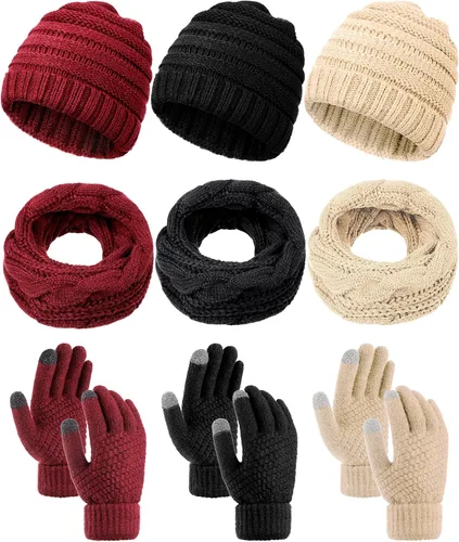 Conjunto de 9 piezas de invierno de punto cálido, bufanda de punto, gorro y guantes de pantalla táctil, bufanda circular para hombres y mujeres,