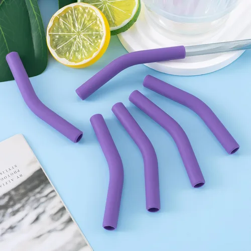 Miniatura 5 de HINZIC 12 puntas de silicona reutilizables para pajitas de goma de grado alimenticio, puntas de repuesto para codo flexible de color morado