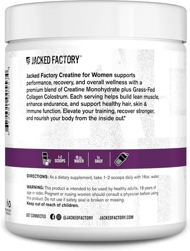 Miniatura 7 de Jacked Factory Creatina para mujer – Monohidrato de creatina con colágeno + calostro para apoyar el rendimiento del entrenamiento, crecimiento