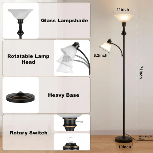 Miniatura 9 de Lámpara de pie Torchiere de 71 pulgadas para dormitorio con pantalla de cristal, lámparas de pie altas para sala de estar con luz de lectura de arco
