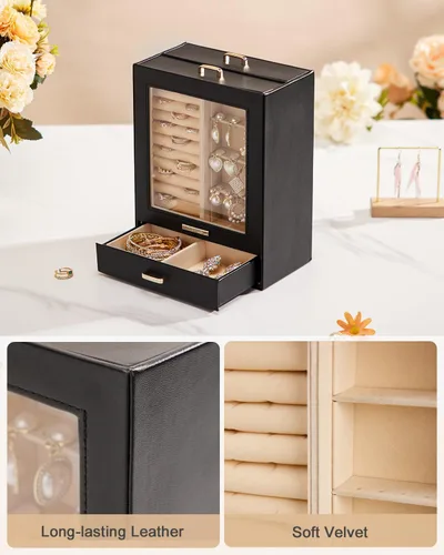 Miniatura 7 de Homde Organizador de joyas para niñas y mujeres, joyero para collares, anillos, aretes, regalo y pulseras (negro + dorado)
