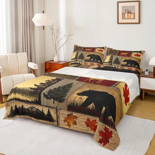 Miniatura 18 de Rustic Lodge - Juego de sábanas tamaño individual con diseño de oso y alce, diseño de retazos, color rojo y negro, a cuadros, ropa de cama de Multi