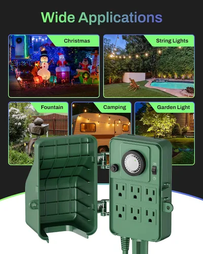 Miniatura 9 de BN-LINK Temporizador de estaca eléctrica para exteriores, impermeable, temporizador mecánico de 24 horas con 6 enchufes con conexión a tierra, cable