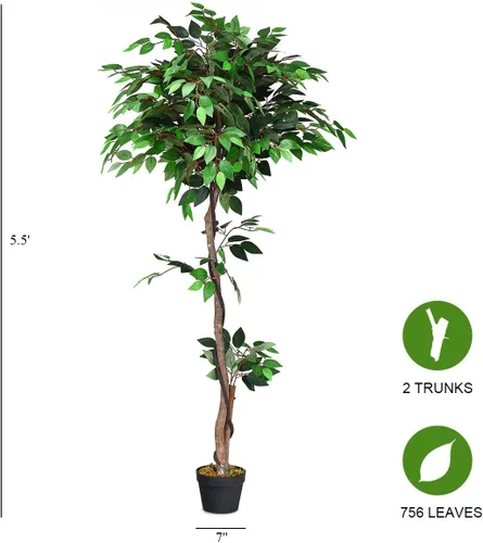 Miniatura 8 de Goplus Árbol artificial de hoja de seda de ficus de 5.5 pies, árbol falso en maceta con hojas verdes y tronco natural, sin mantenimiento, planta
