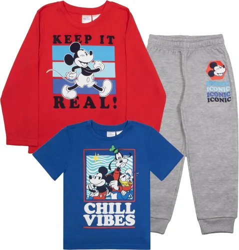 Disney Mickey Mouse - Conjunto de 3 piezas para niños, camiseta de manga corta, camiseta de manga larga y pantalones deportivos, paquete de 3