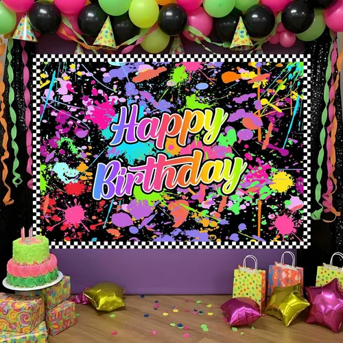 Lofaris Fondo de feliz cumpleaños para fiesta que brilla en la oscuridad, fondo de fotografía de graffiti con salpicaduras de neón, suministros de