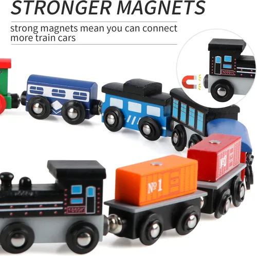 Miniatura 5 de Wondertoys Juego de tren de madera de 16 piezas, incluye bolsa de almacenamiento, accesorios de pista de madera, juego de automóvil magnético