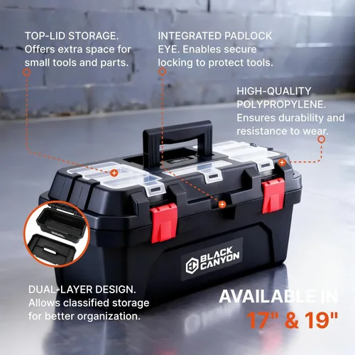 Miniatura 4 de Black Canyon Caja de herramientas de plástico de 17 pulgadas, soporta hasta 44 libras, diseño de doble capa, flexible para apilar, almacenamiento