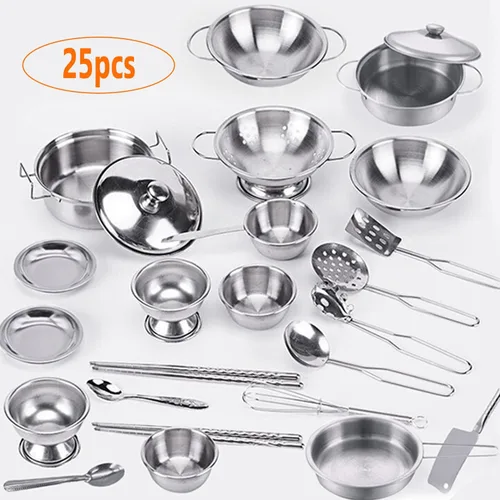 Miniatura 2 de Juguetes Clásicos Pequeños de Utensilios de Cocina de Acero Inoxidable - Juego de Ollas y Sartenes de Juego de Simulación, Kits de Utensilios