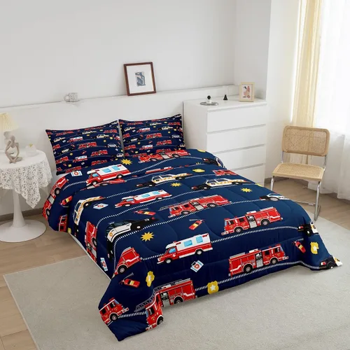 Miniatura 2 de Feelyou Juego de ropa de cama de camión de bomberos, edredón de coche de bomberos y policía para decoración de habitación de niños, tamaño Multi D05