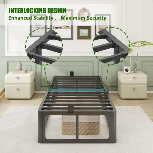 Miniatura 6 de Firpeesy Base de cama individual de metal resistente de 14 pulgadas con esquinas redondeadas y agujero para cabecero, retenedores de colchón de 3500