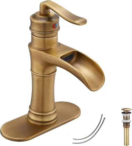 Miniatura 15 de Grifo de baño de cascada de latón antiguo GGStudy con una sola manija de un agujero, grifo de lavabo de baño a juego con drenaje desplegable