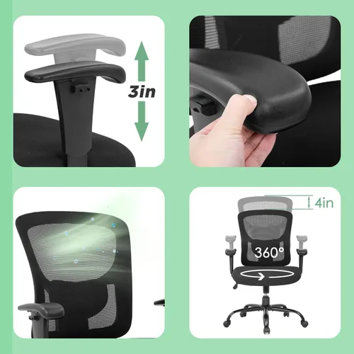 Miniatura 5 de Silla de oficina ergonómica ejecutiva, silla de computadora de malla con soporte lumbar, asiento ancho, brazos de ajuste, giratorio, respaldo alto