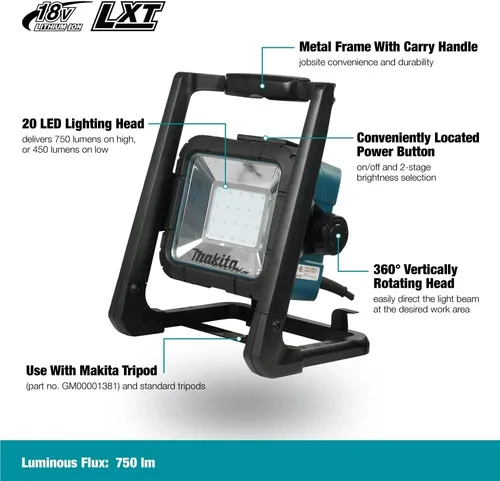 Miniatura 2 de Reflector Makita DML805 de 18 V LXT, alámbrico/inalámbrico, con batería de iones de litio