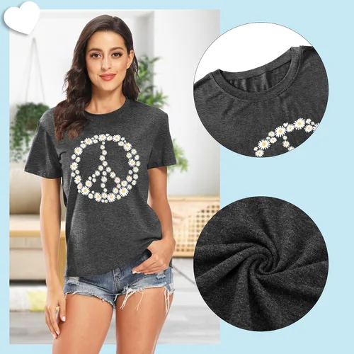 Miniatura 5 de Camiseta de amor con signo de paz para mujer, camiseta con estampado de flores, hippie de manga corta de los años 60 y 70, camiseta inspiradora