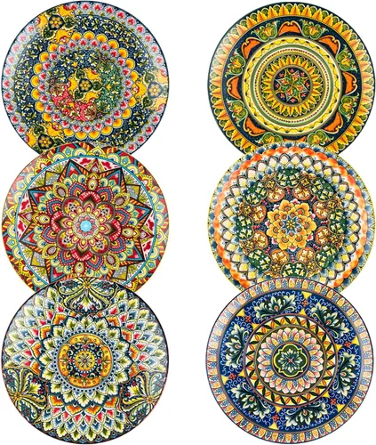 Henten Home Juego de 6 platos de postre de cerámica, platos de ensalada de porcelana de 8.5 pulgadas, coloridos platos de estilo bohemio para