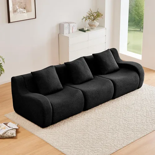 Miniatura 34 de Otomana de tela de peluche negra, moderno reposapiés modular sin hueso en una caja para sala de estar, cómodo diseño de asiento profundo,