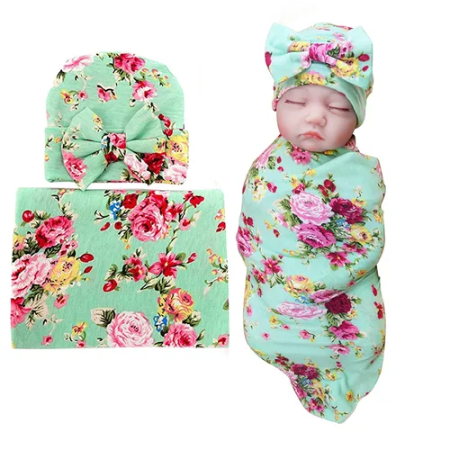 Miniatura 17 de DRESHOW BQUBO Manta de Recepción para Recién Nacido con Conjunto de Gorro con Lazo Estampado de Flores Manta Envolvente para Bebé con Gorro 1 juego
