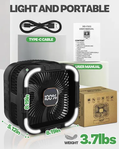 Miniatura 7 de Ventilador solar de campamento de 25000 mAh, ventilador solar recargable de oscilación de 120° con luz LED, 6 velocidades ajustables, ventiladores