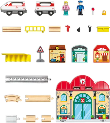 Miniatura 6 de Hape Juego de estación de tren de madera portátil, juego de tren para niños, rieles, estación de tren y personajes, fácil de transportar