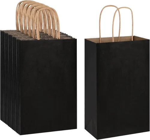 Oikss Paquete de 50 bolsas pequeñas de papel kraft de 5.25 x 3.25 x 8.25 pulgadas con asas a granel, regalos de cumpleaños, bodas, fiestas,