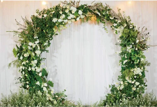 Miniatura 4 de Telón de fondo de boda romántico de 5 x 3 pies, corona arqueada en 3D, cortina blanca para pared nupcial, fondo de fotografía de pared floral