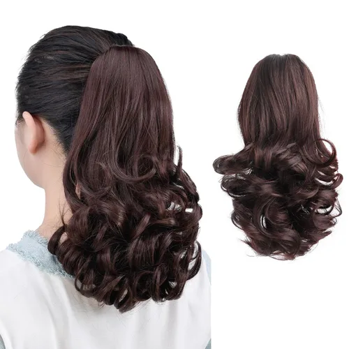 Miniatura 63 de Extensiones de cola de caballo, extensiones de cabello rizado con clip de garra de color marrón oscuro para mujer, peluca sintética de cola