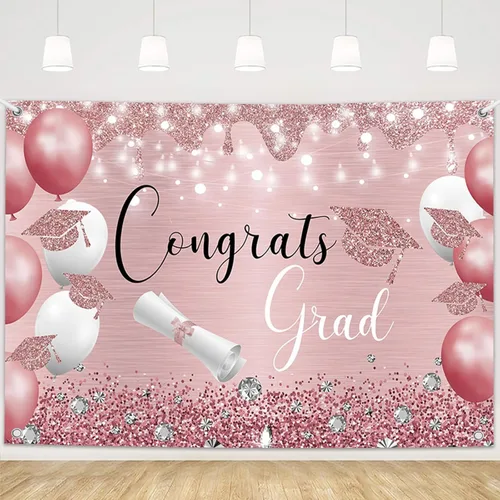 Miniatura 3 de MEHOFOND Fondo de graduación de 6 x 3.6 pies, pancarta de graduación de oro rosa, globos rosados, decoraciones de clase de 2026, suministros