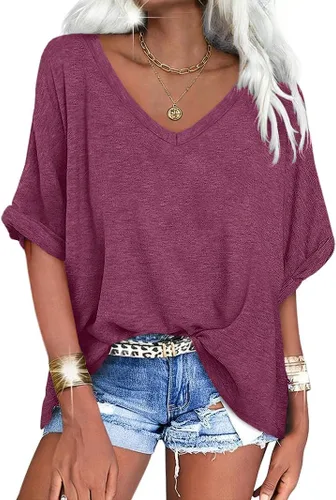 Miniatura 22 de UNCLECAT Camisetas de gran tamaño con cuello en V para mujer, camisas de manga corta de verano, holgadas, casuales