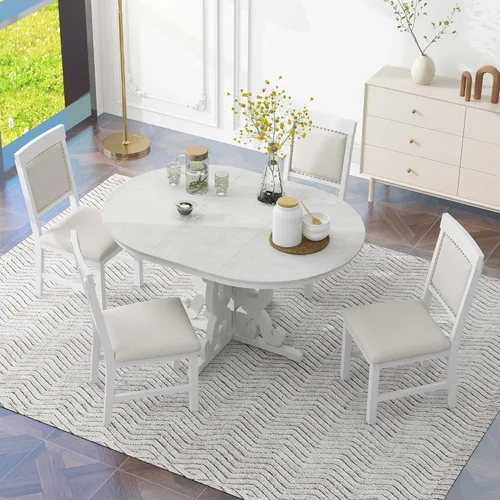 Harper & Bright Designs Juego de comedor redondo extensible de madera de 42 a 58 pulgadas para 4-6, juego de mesa de cocina de 5 piezas con 4 sillas