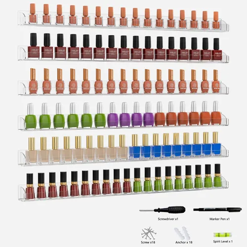 Miniatura 8 de Estante de pared transparente de 24 pulgadas con tapas de extremo extraíbles, juego de 6, organizador de esmalte de uñas acrílico montado