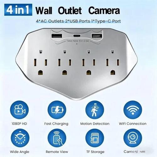 Miniatura 3 de Toma de pared para cámara de seguridad WiFi 1080P, mini cámara de niñera para interiores con almacenamiento de tarjeta SD local