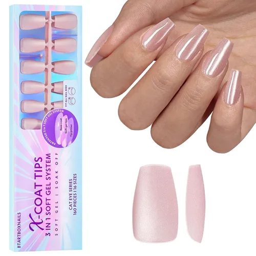 Miniatura 22 de BTArtboxnails XCOATTIPS uñas postizas con punta francesa - Uñas postizas largas cuadradas con base de purpurina rosa, 90 piezas de puntas de uñas