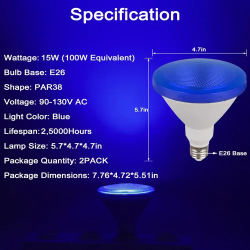 Miniatura 2 de Paquete de 2 bombillas LED Par38, 15 W (equivalente a 100 vatios), luces LED de base E26, decoración de fiestas, porche, iluminación del hogar, Azul